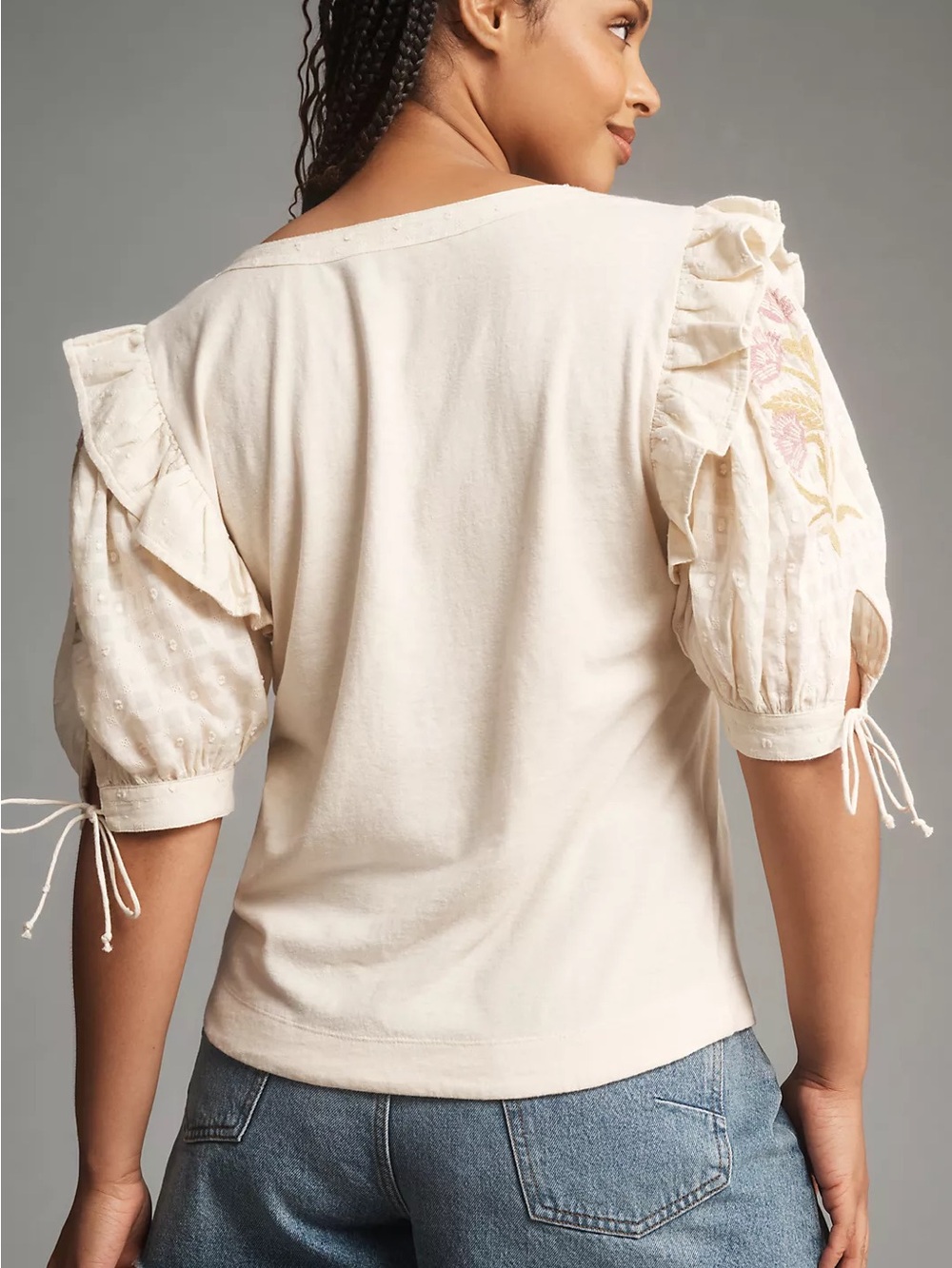 NWT Anthropologie Embroidered Puff-Sleeve Top XL Creme Eyelet Ruffle Henley - Picture 5 of 12